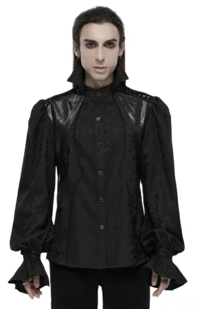 Black gothic stand collar shirt with wire-reinforced collar and puff sleeves, front view on male model