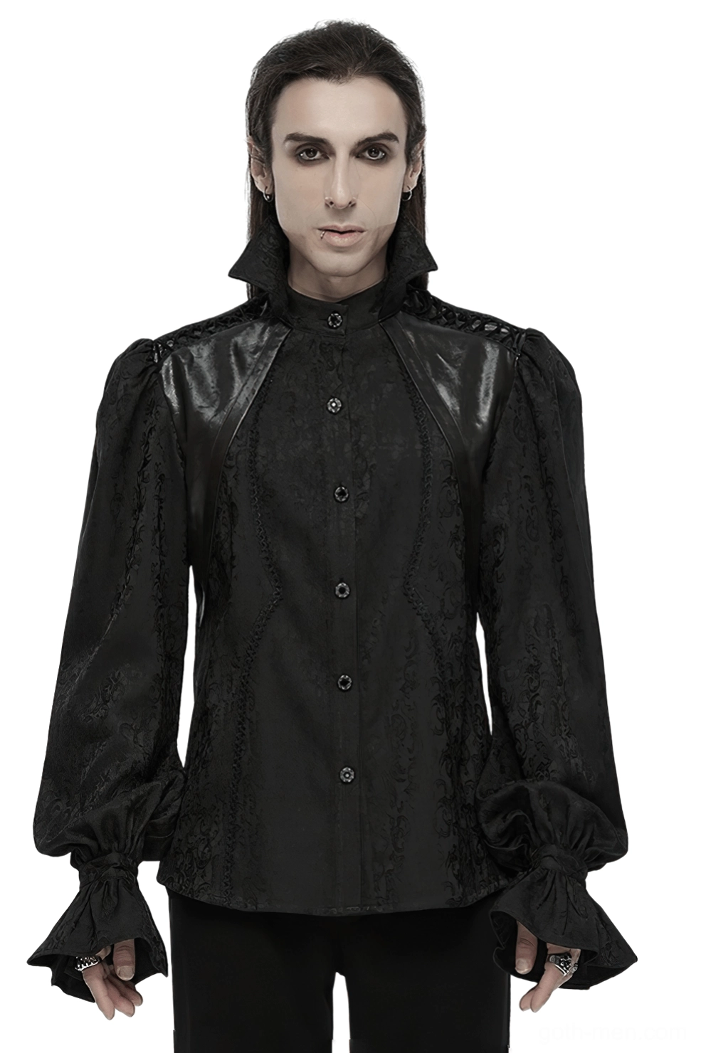 Black gothic stand collar shirt with wire-reinforced collar and puff sleeves, front view on male model