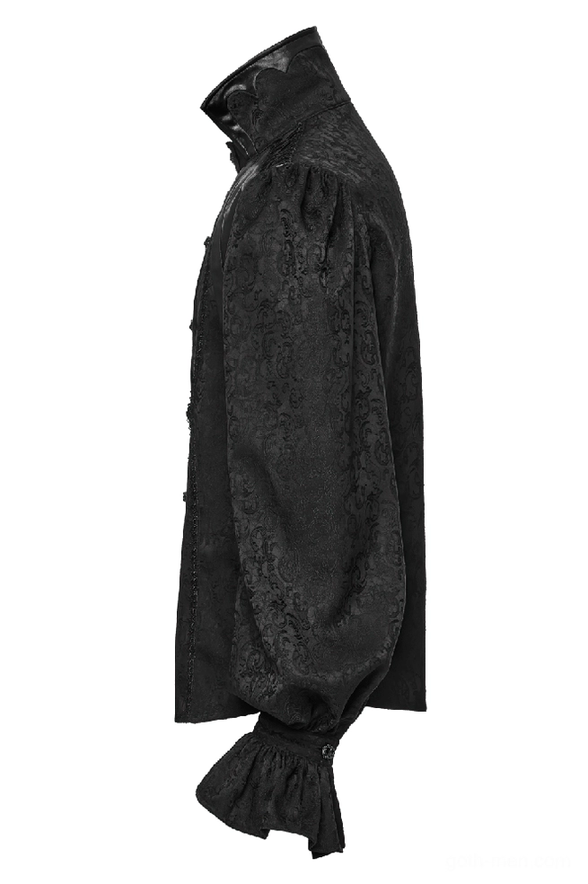 Side profile of black gothic stand collar shirt showing high collar and voluminous puff sleeves