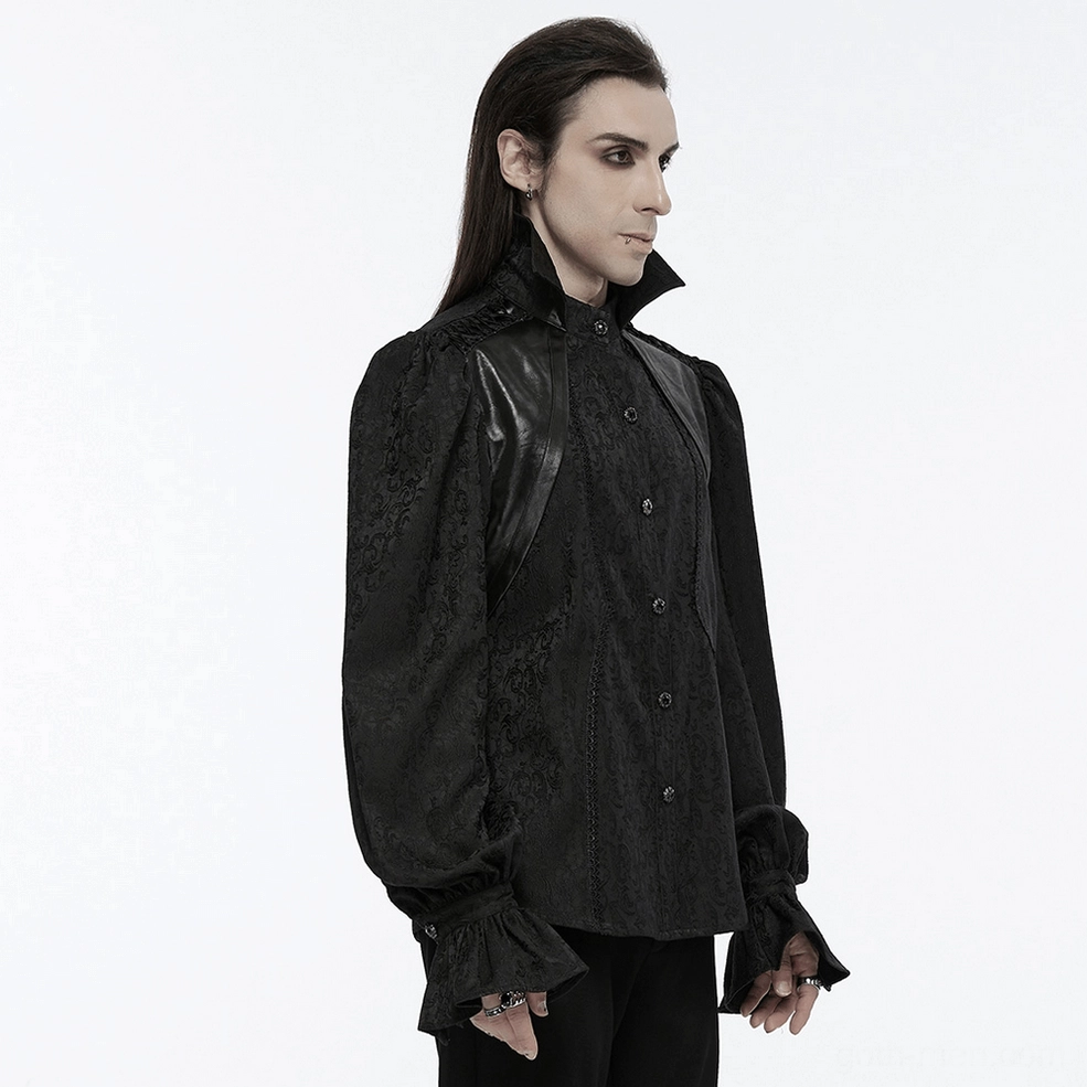 Black gothic stand collar shirt three-quarter view showing puff sleeve volume and shoulder structure