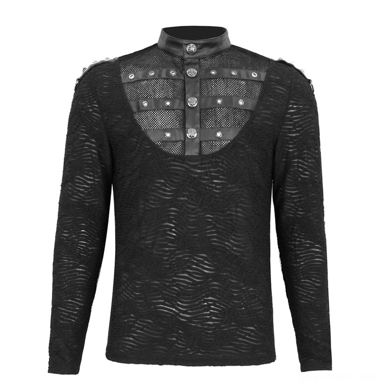 Black crinkled textured gothic top with stand collar and mesh button panel - front flat lay