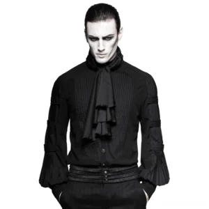 Black gothic steampunk men's shirt with detachable ruffled ascot tie front view, featuring pleated lantern sleeves and ornate button detailing