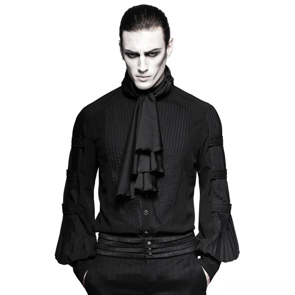 Black gothic steampunk men's shirt with detachable ruffled ascot tie front view, featuring pleated lantern sleeves and ornate button detailing