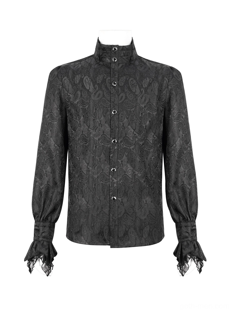 Front display of black gothic steampunk shirt with stand collar and ruffled jabot on mannequin