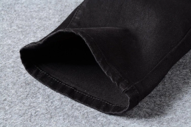 Black gothic stretch denim jeans full product view - premium moto biker pants