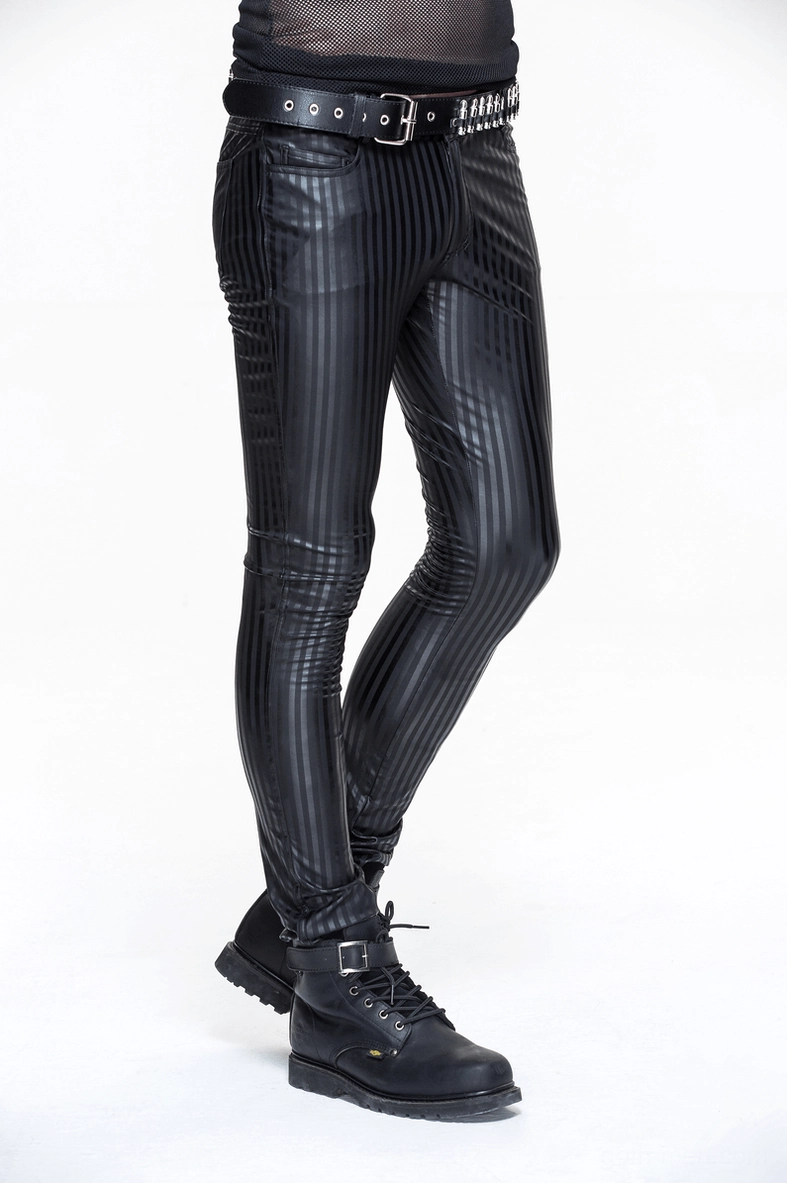 Men's black vertical stripe gothic pants front side view with studded belt detail