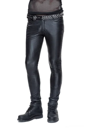 Men's black vertical stripe gothic slim fit trousers front left view with studded belt and combat boots