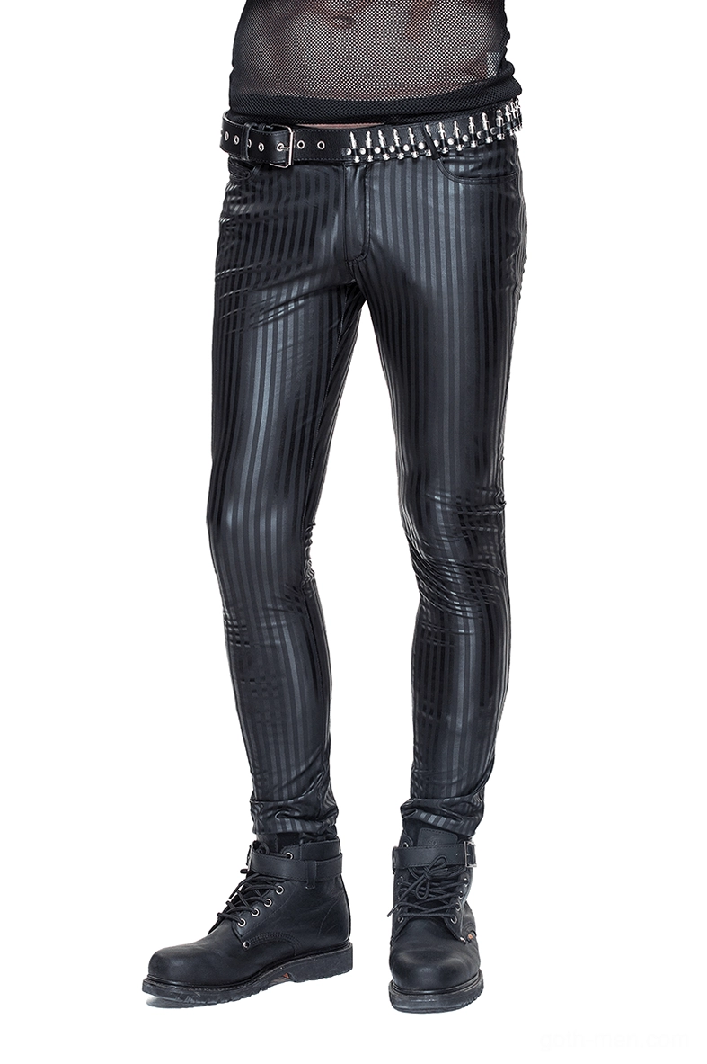 Men's black vertical stripe gothic slim fit trousers front left view with studded belt and combat boots