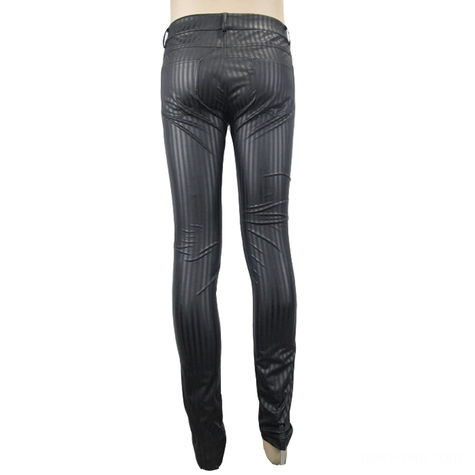 Mannequin rear view of black vertical stripe gothic slim fit trousers tailored cut