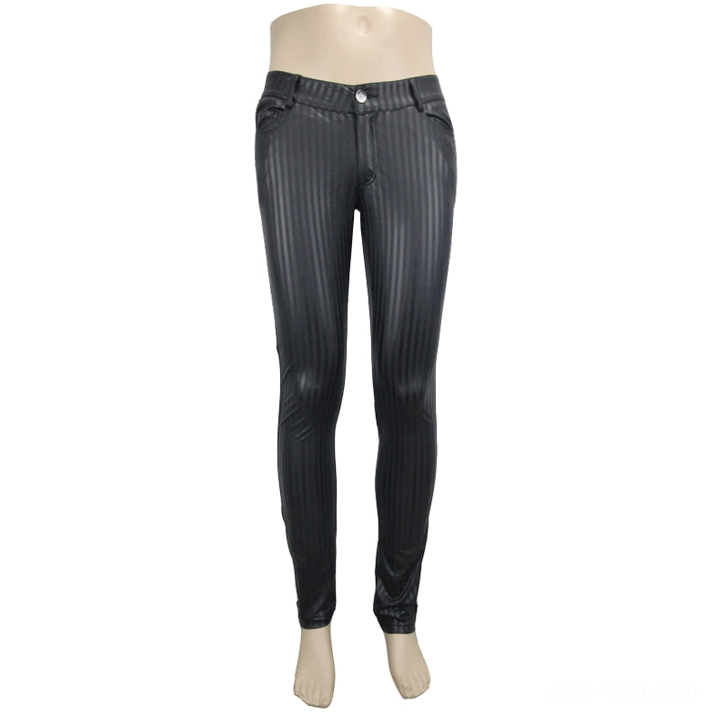 Mannequin display of men's black vertical stripe gothic slim fit trousers front view