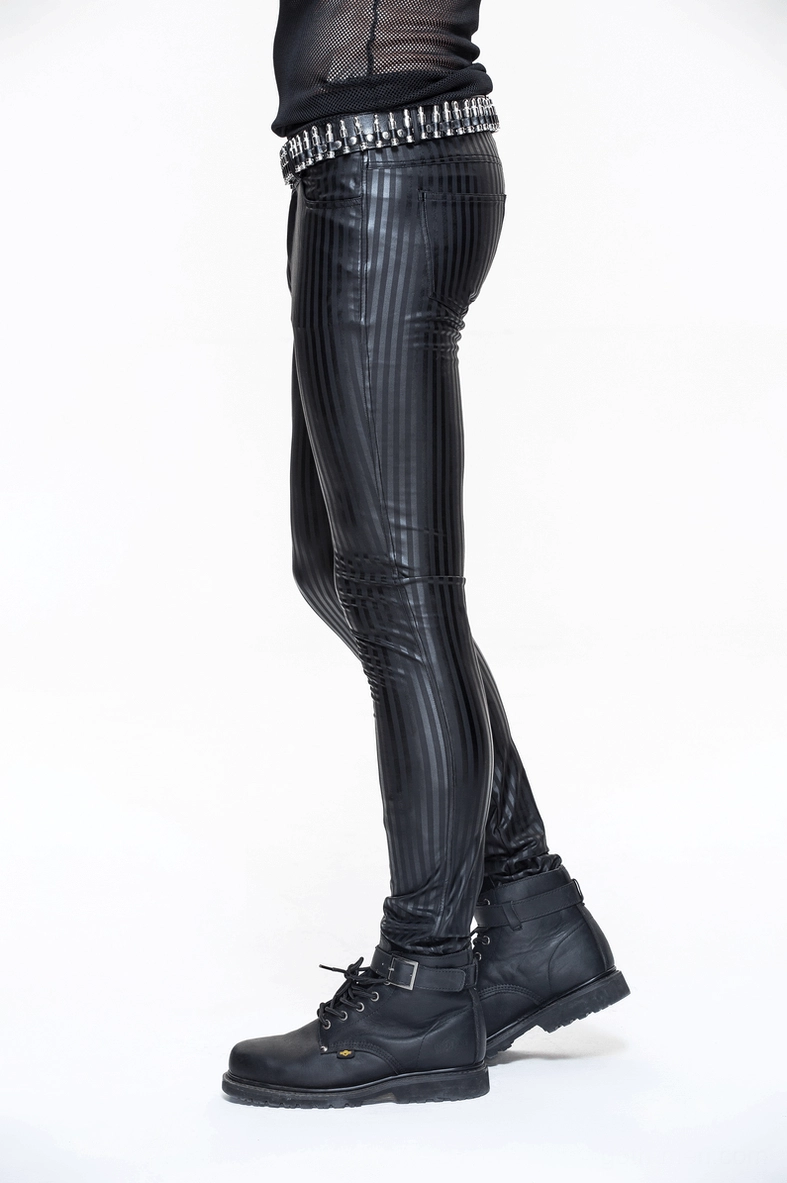 Men's black vertical stripe gothic trousers right side view with combat boots styling