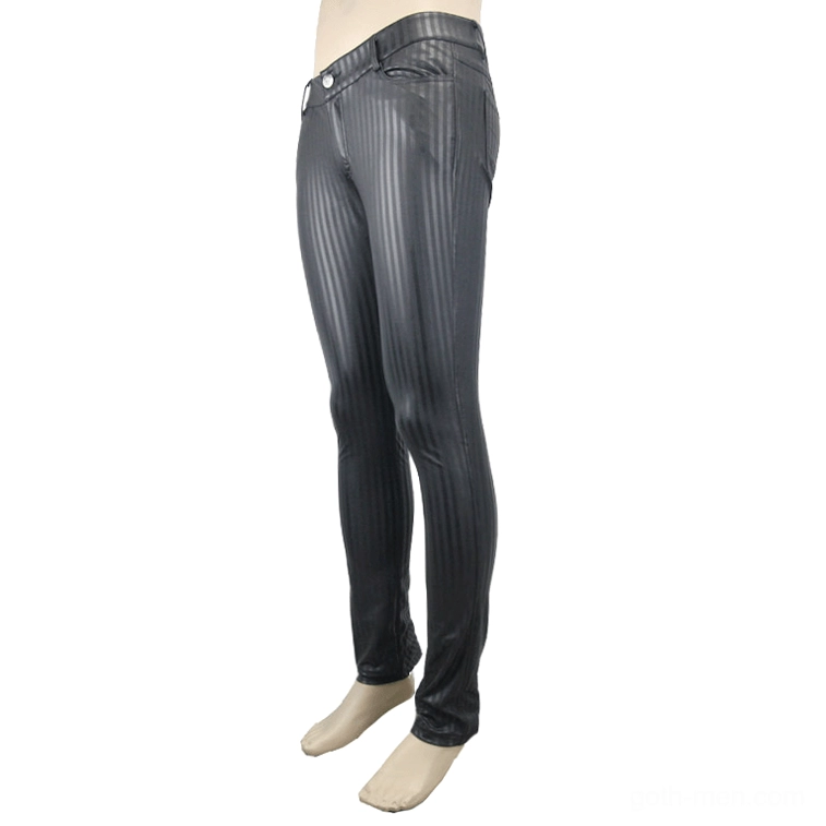 Men's black vertical stripe gothic trousers left side profile showing slim fit and stripe pattern