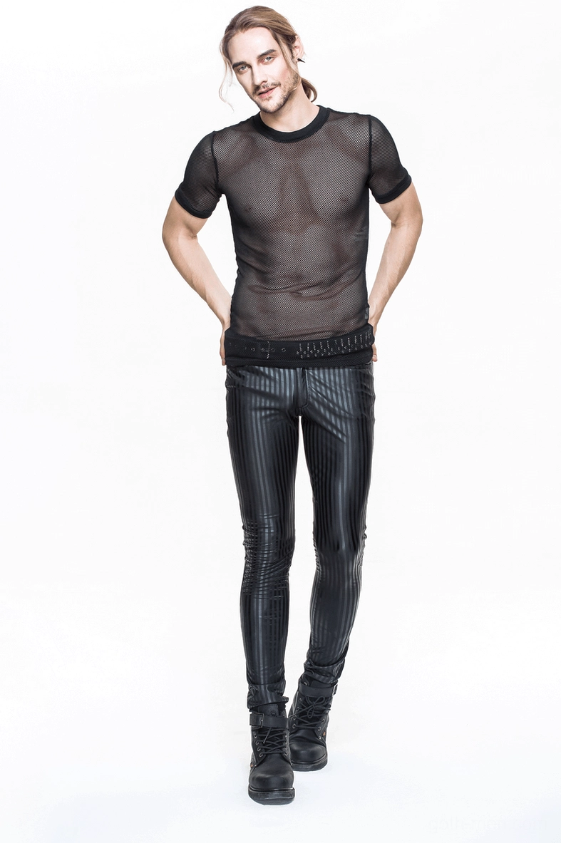 Styled shot of men's black vertical stripe gothic trousers with alternative fashion aesthetic