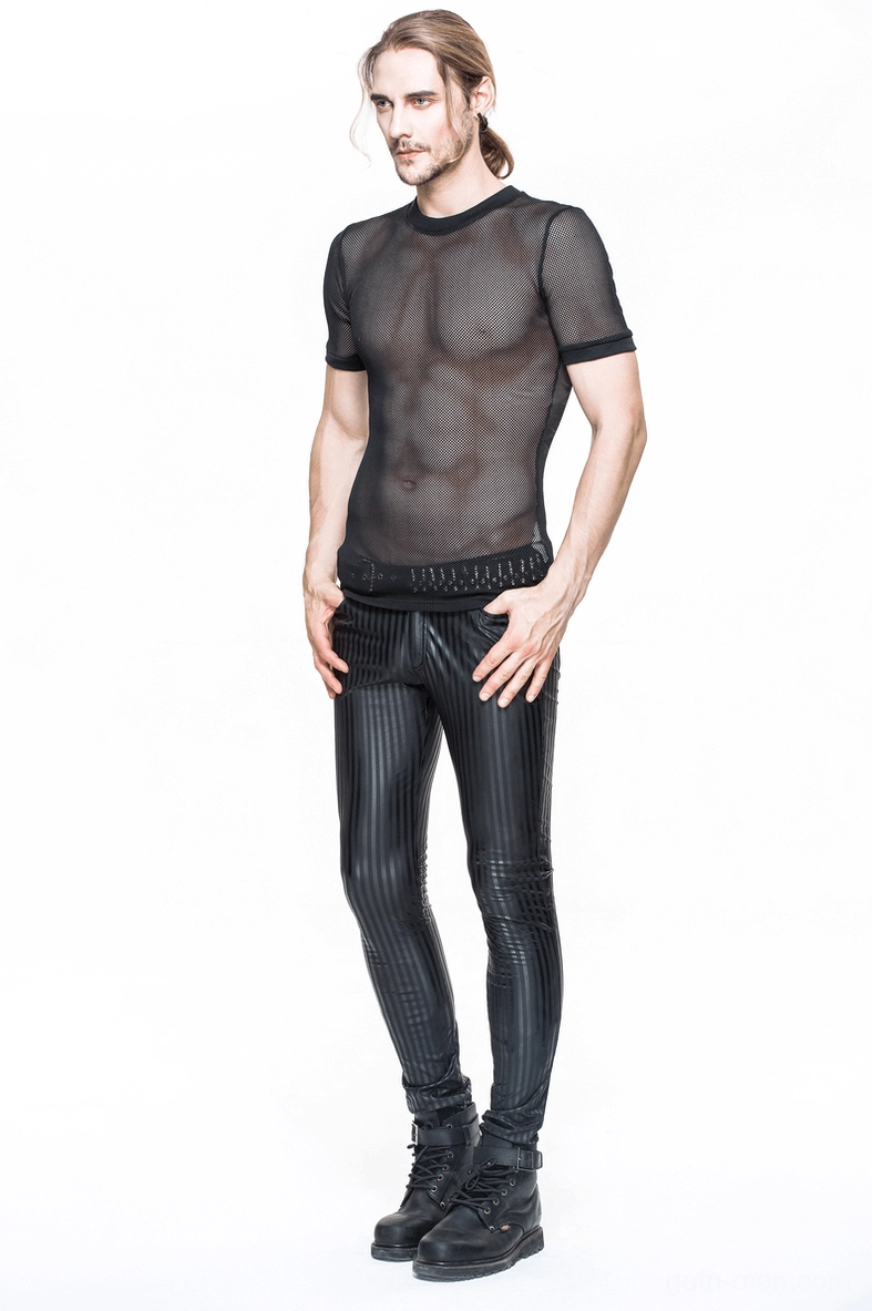 Front facing model wearing black vertical stripe gothic slim fit trousers with accessories