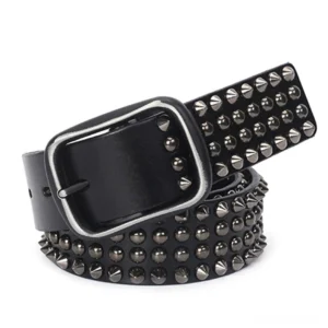 Black gothic studded leather pin belt with cone rivets and square buckle, front angled view