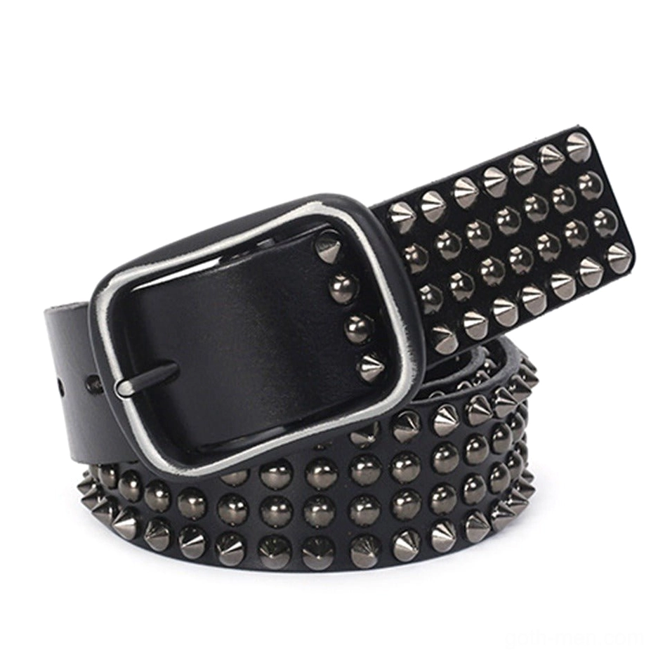 Black gothic studded leather pin belt with cone rivets and square buckle, front angled view