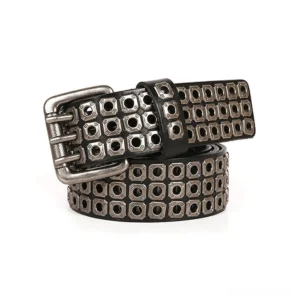 Black gothic studded leather belt with square metal rivets and vintage silver buckle - three-quarter view