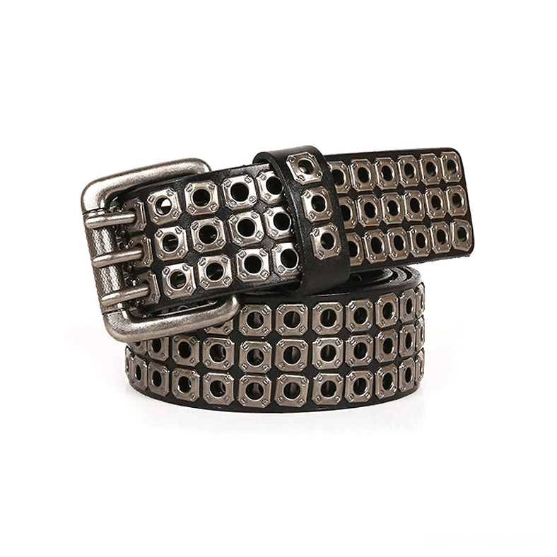 Black gothic studded leather belt with square metal rivets and vintage silver buckle - three-quarter view