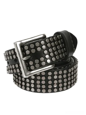 Black gothic studded leather belt with silver pin buckle and round metal rivets - overhead flat lay view