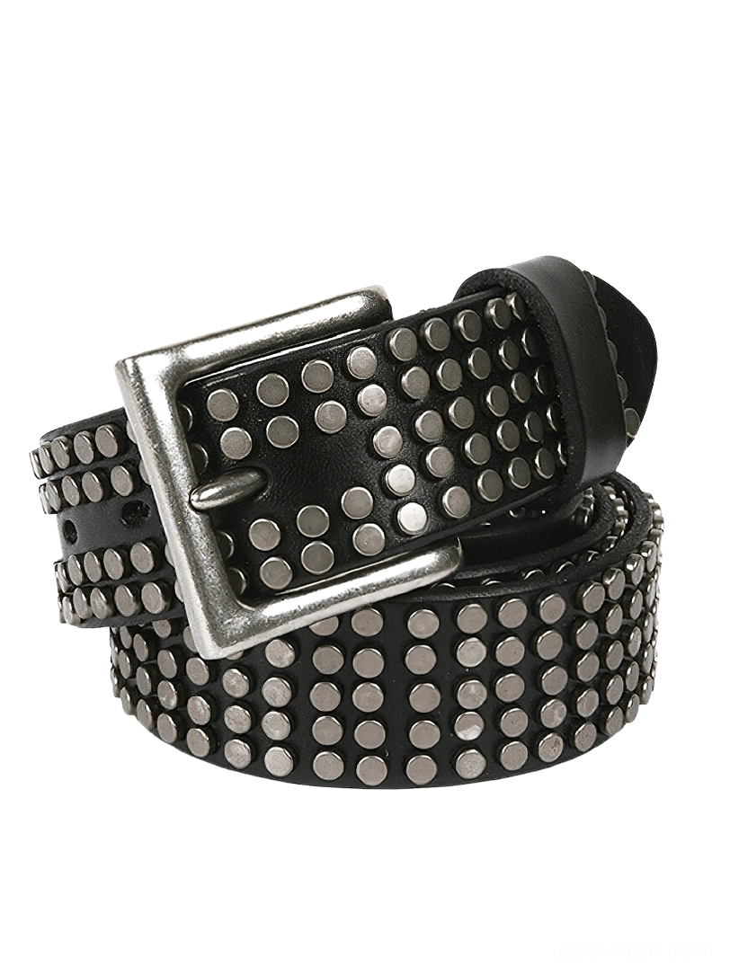 Black gothic studded leather belt with silver pin buckle and round metal rivets - overhead flat lay view
