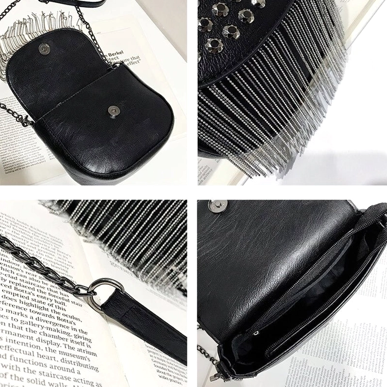 Black gothic studded fringe shoulder bag product showcase displaying overall silhouette and studded pattern design