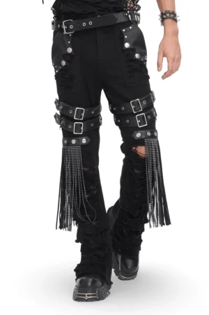 Black gothic studded ripped jeans with chain buckle details front low-angle view showing thigh hardware