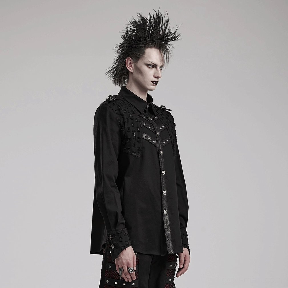 Black gothic studded shirt on model showing full silhouette, fitted cut, and complete metal accent composition