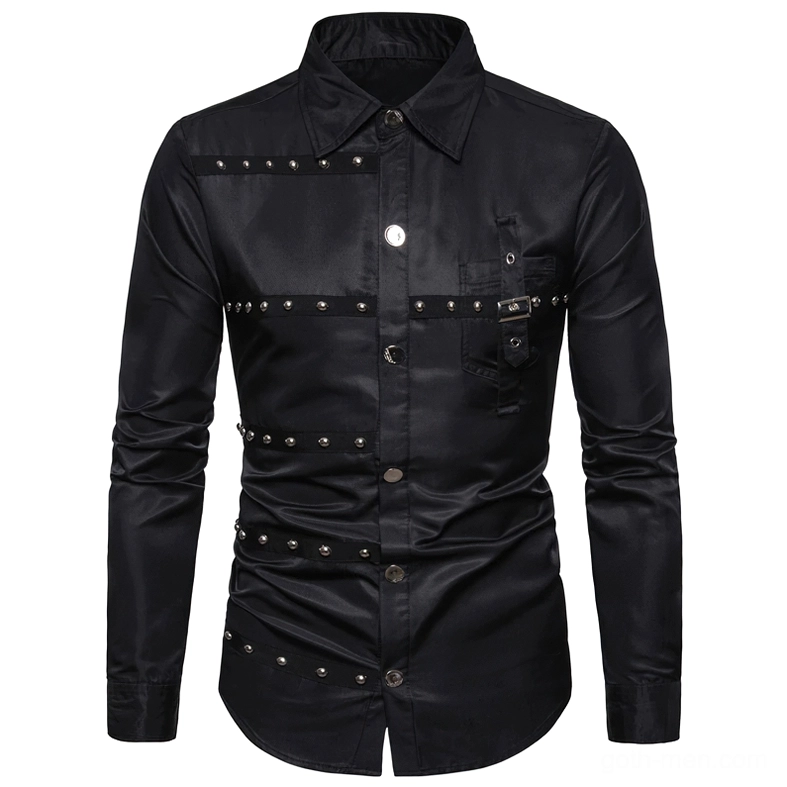 Black gothic studded long sleeve shirt front display with metal rivet details