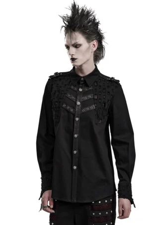 Black studded gothic long sleeve shirt front three-quarter view on male model, featuring metal skull buckle and geometric chest studs