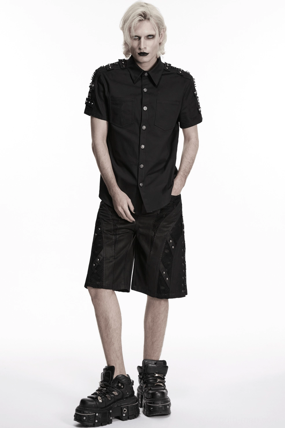 Black gothic studded shoulder shirt alternative angle view