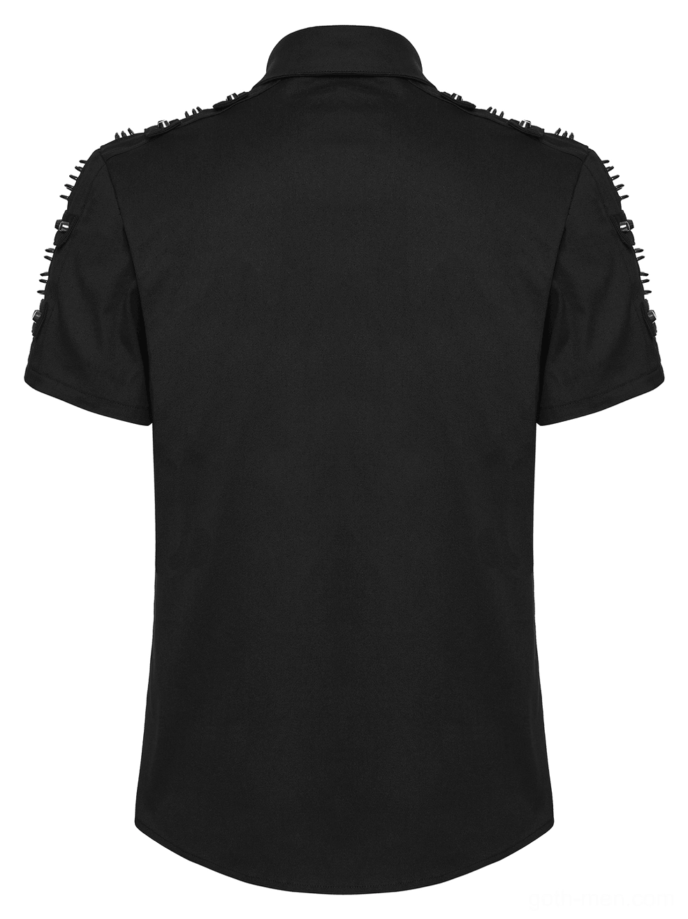 Black gothic studded shoulder shirt rear flat lay white background