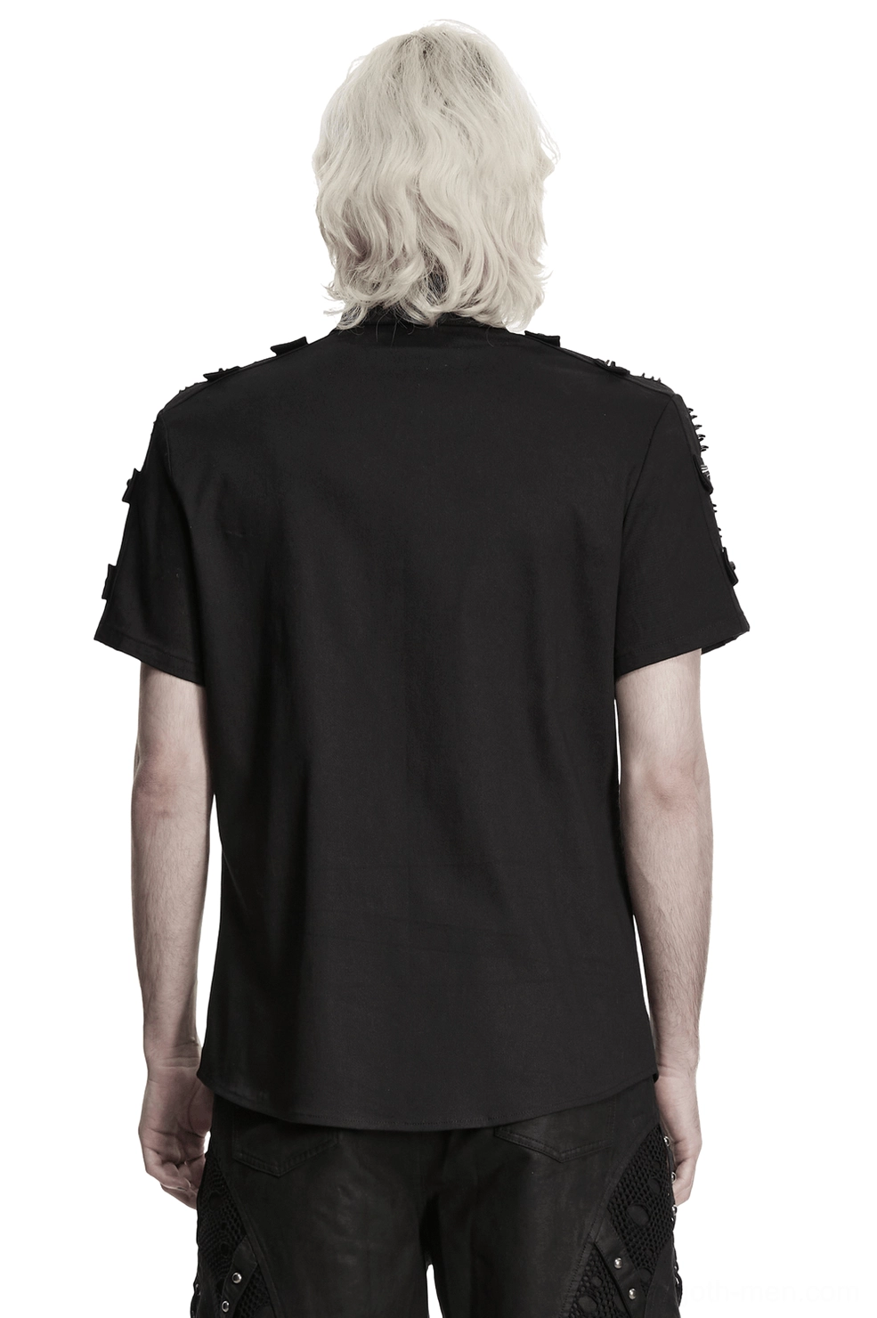 Black gothic studded shoulder shirt back view showing metal stud details