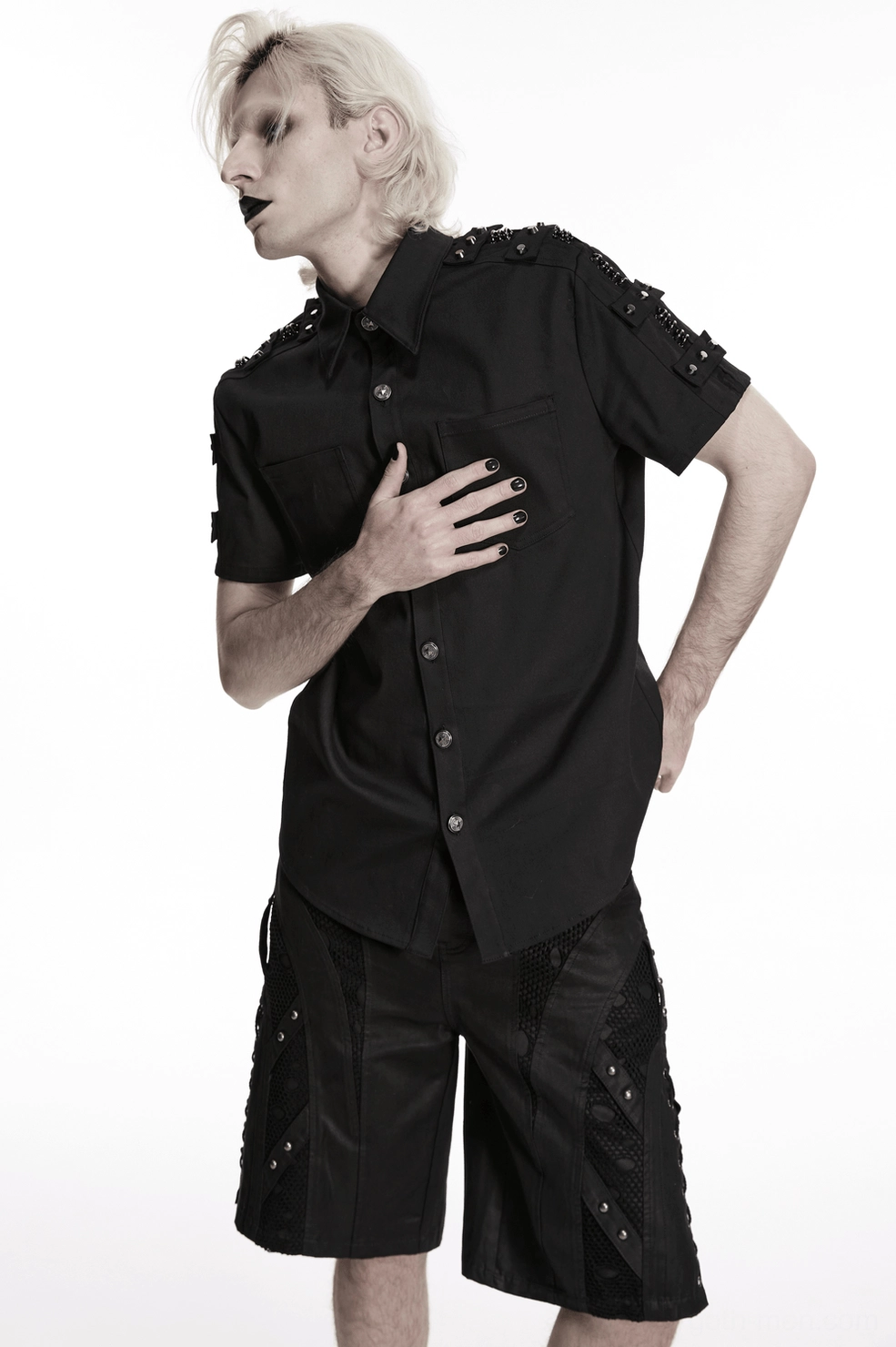 Black gothic studded shoulder shirt texture and fabric close-up