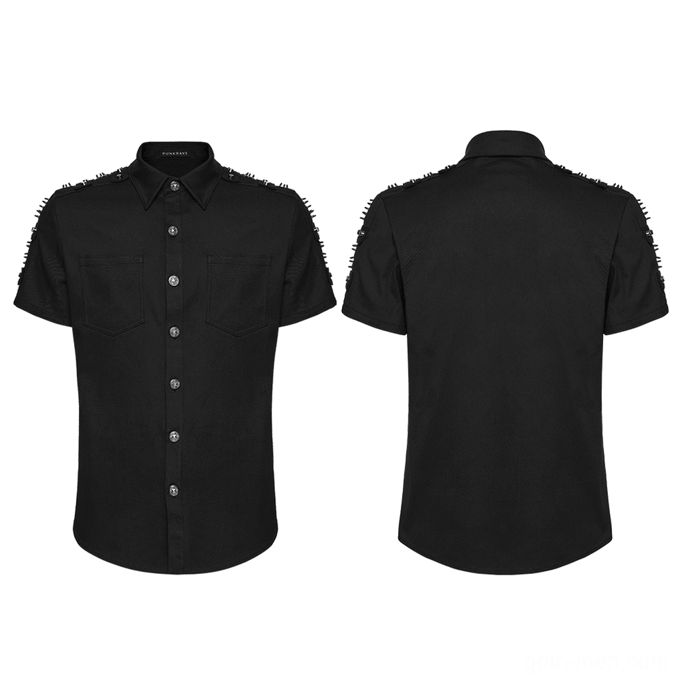 Black gothic studded shoulder button shirt flat lay front and back display