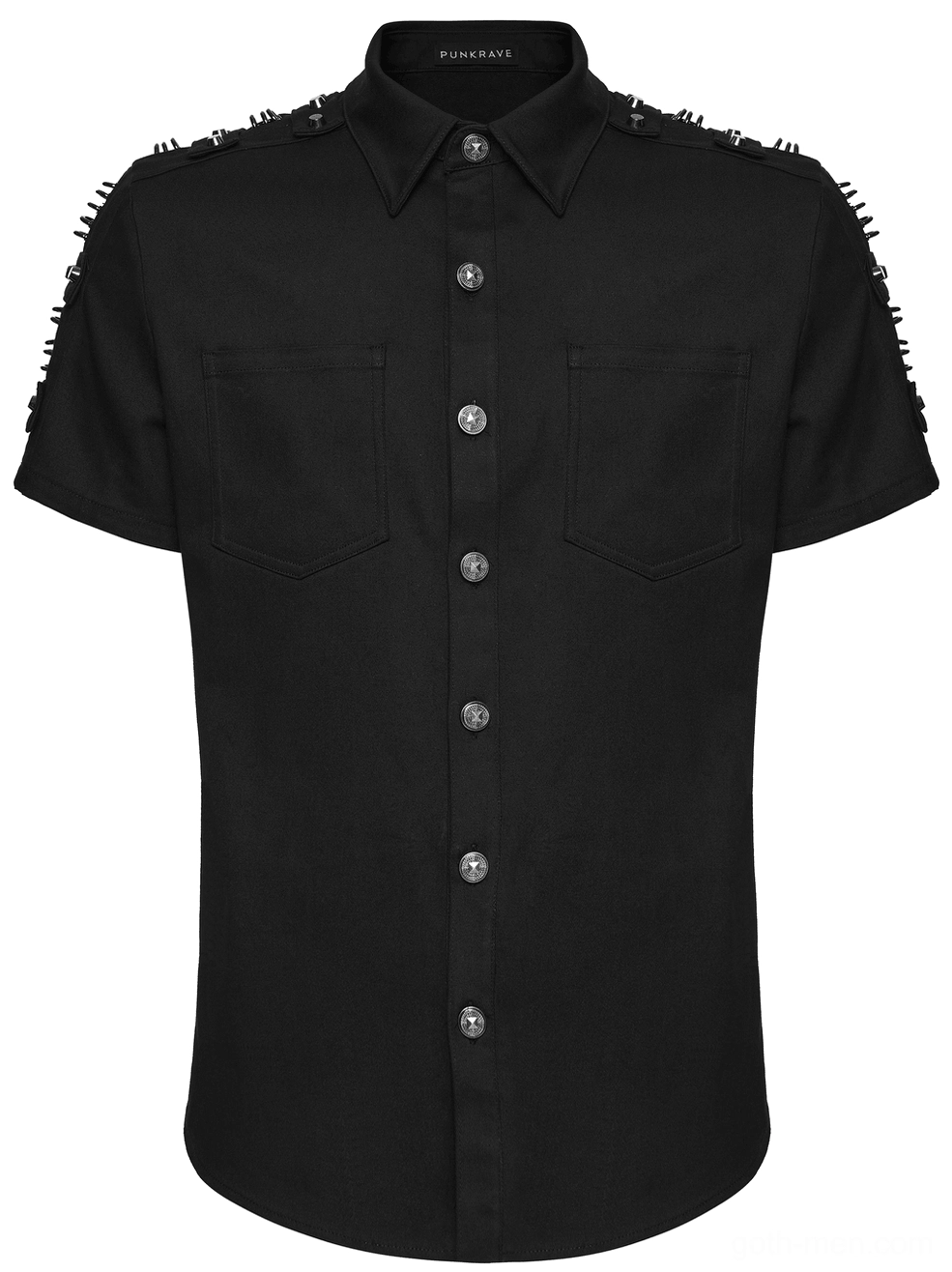Black gothic studded shoulder shirt direct front view flat lay overhead shot