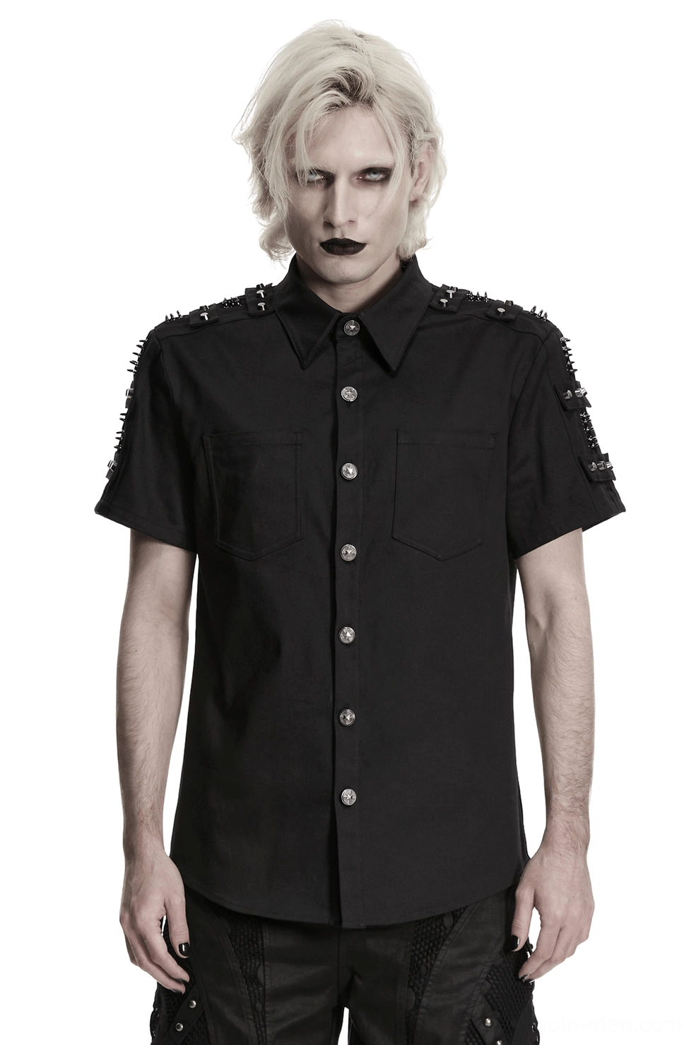 Black gothic studded shoulder shirt front view worn by model with blonde hair