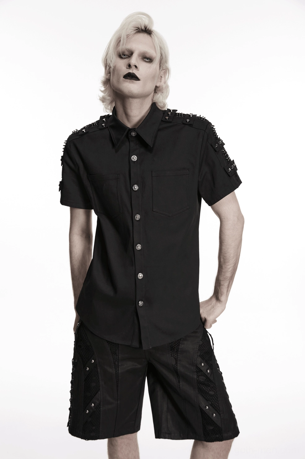 Black gothic studded shoulder shirt overall product presentation