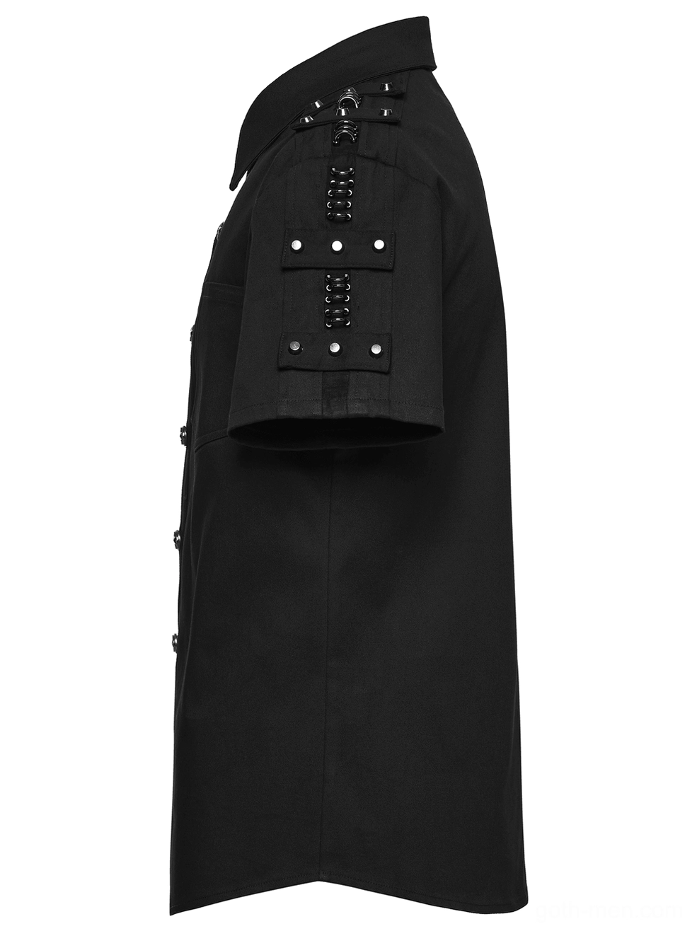 Black gothic studded shoulder shirt side profile showing metal studs and buckles