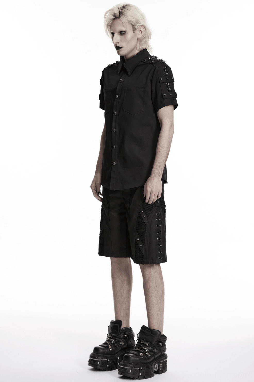 Black gothic studded shoulder shirt worn styling demonstration