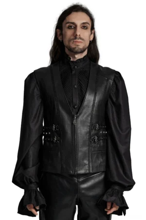 Black gothic snake buckle studded faux leather vest front view on male model - serpentine hardware design