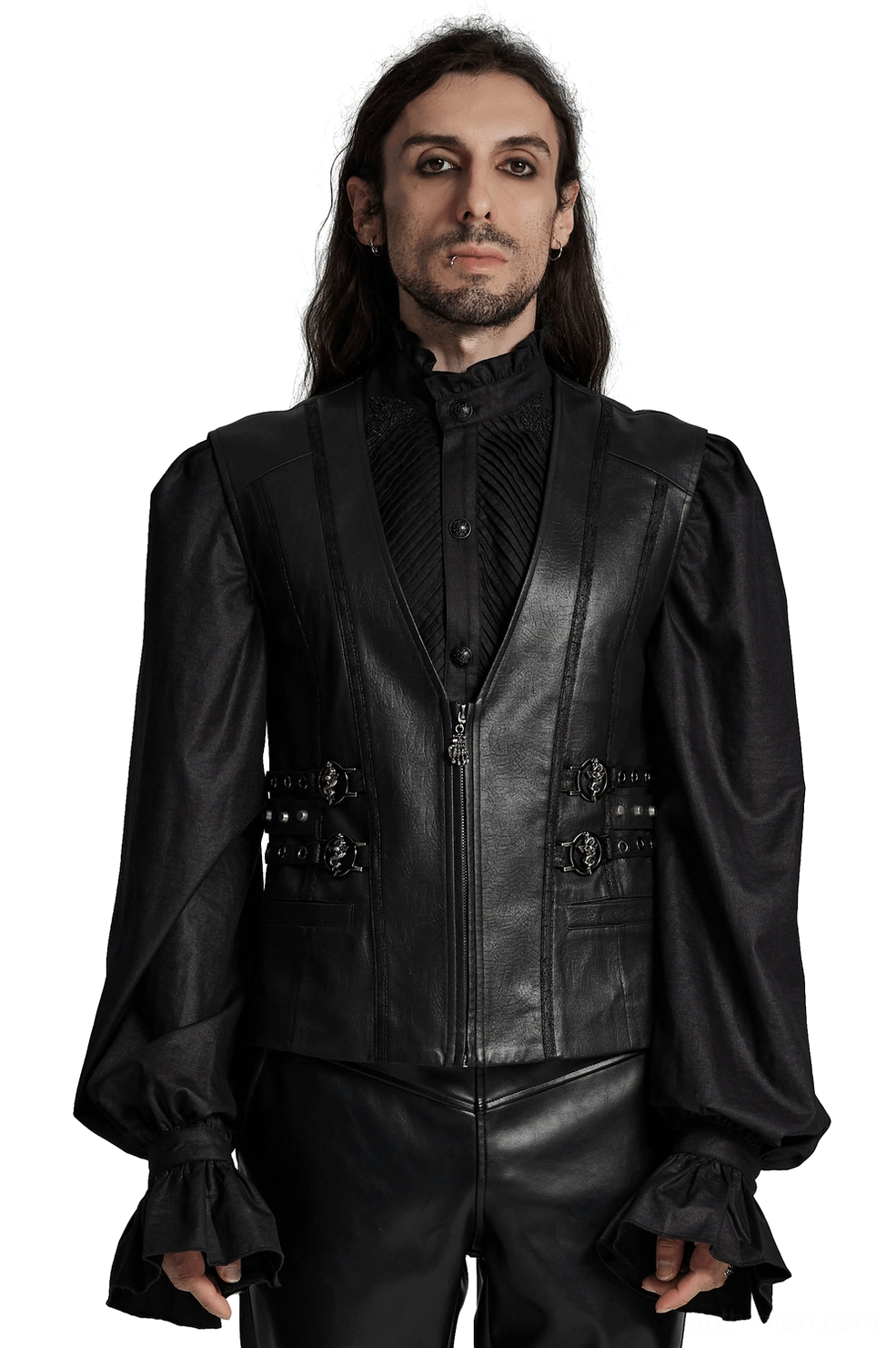 Black gothic snake buckle studded faux leather vest front view on male model - serpentine hardware design