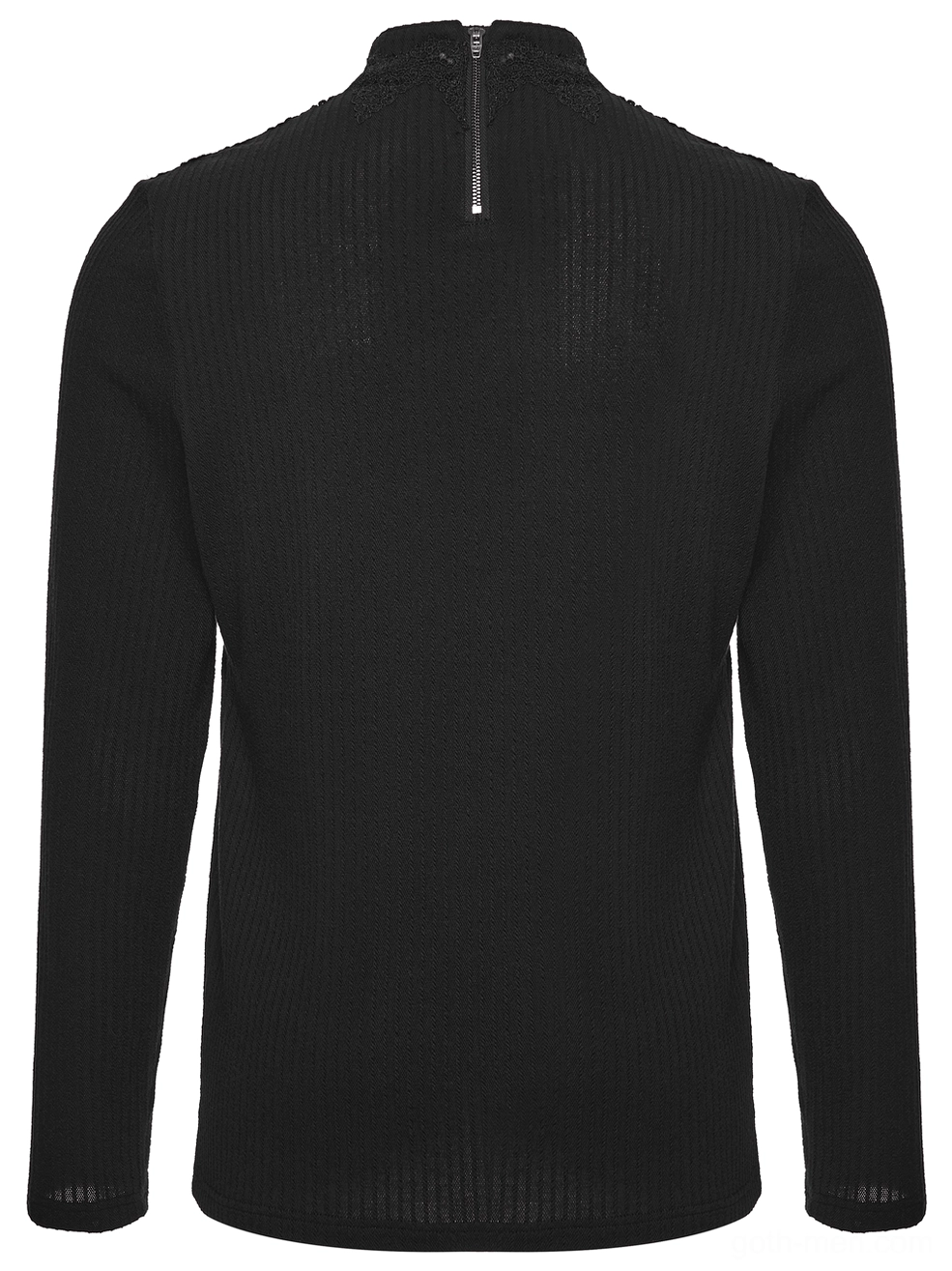 Back flat lay view of black gothic sweatshirt with metal zipper closure and ribbed texture
