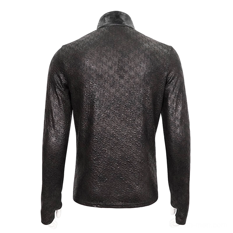 Back mannequin display of gothic sweatshirt showing high stand collar and matte black finish