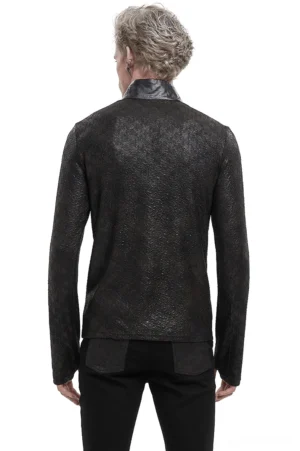 Gothic men's stand collar sweatshirt back view showing fitted silhouette and coated fabric