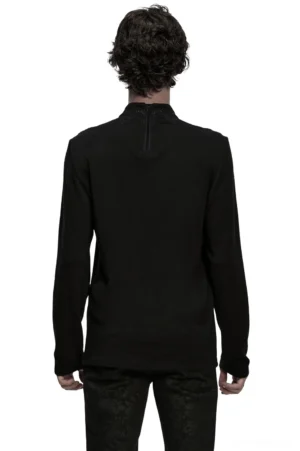 Black gothic sweatshirt back view with metal zipper and ribbed knit fabric - rear full-body shot