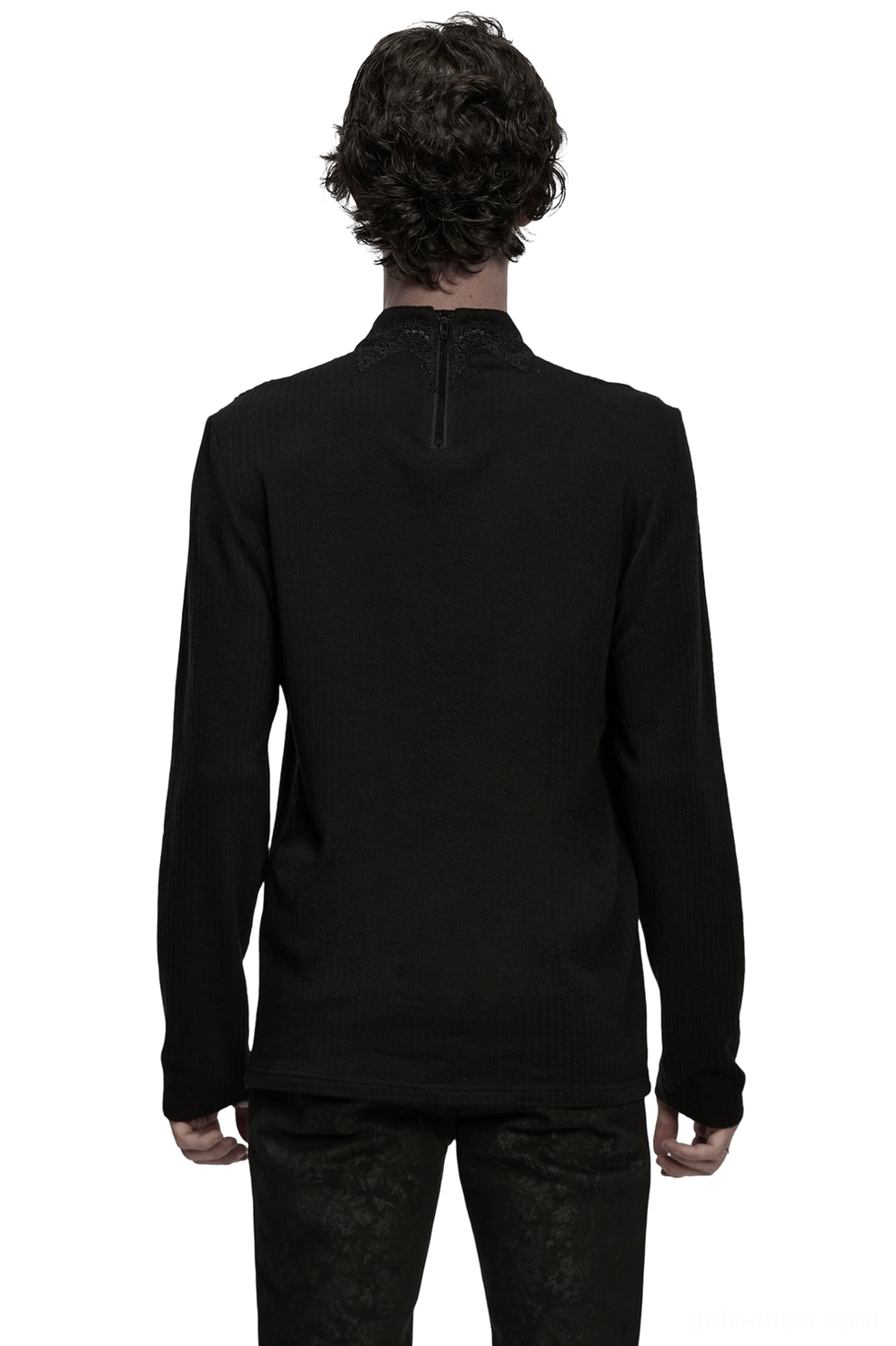 Black gothic sweatshirt back view with metal zipper and ribbed knit fabric - rear full-body shot