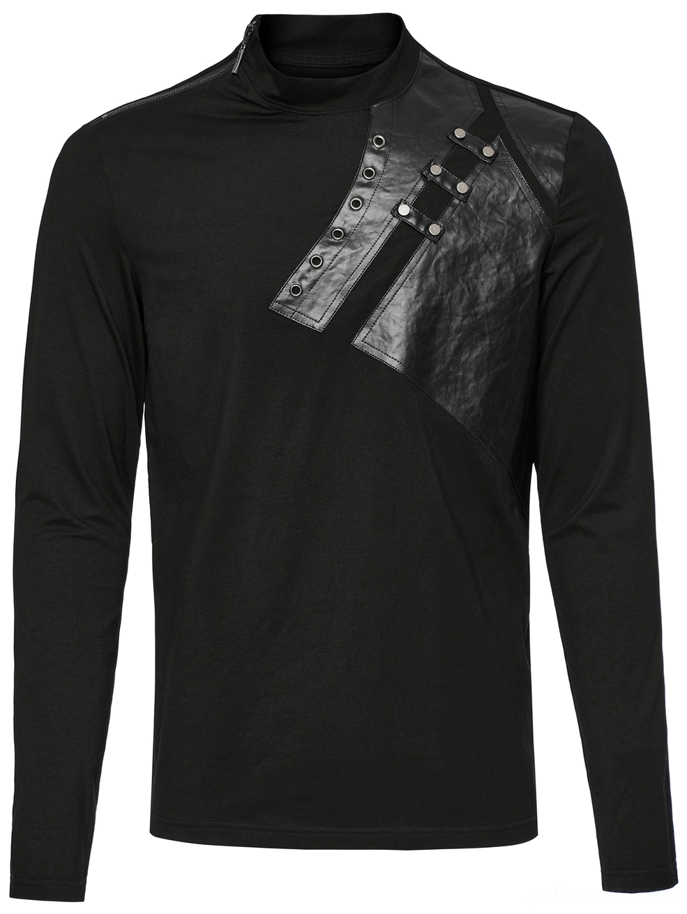 Black gothic sweatshirt front flat lay view displaying fitted silhouette and faux leather chest panel