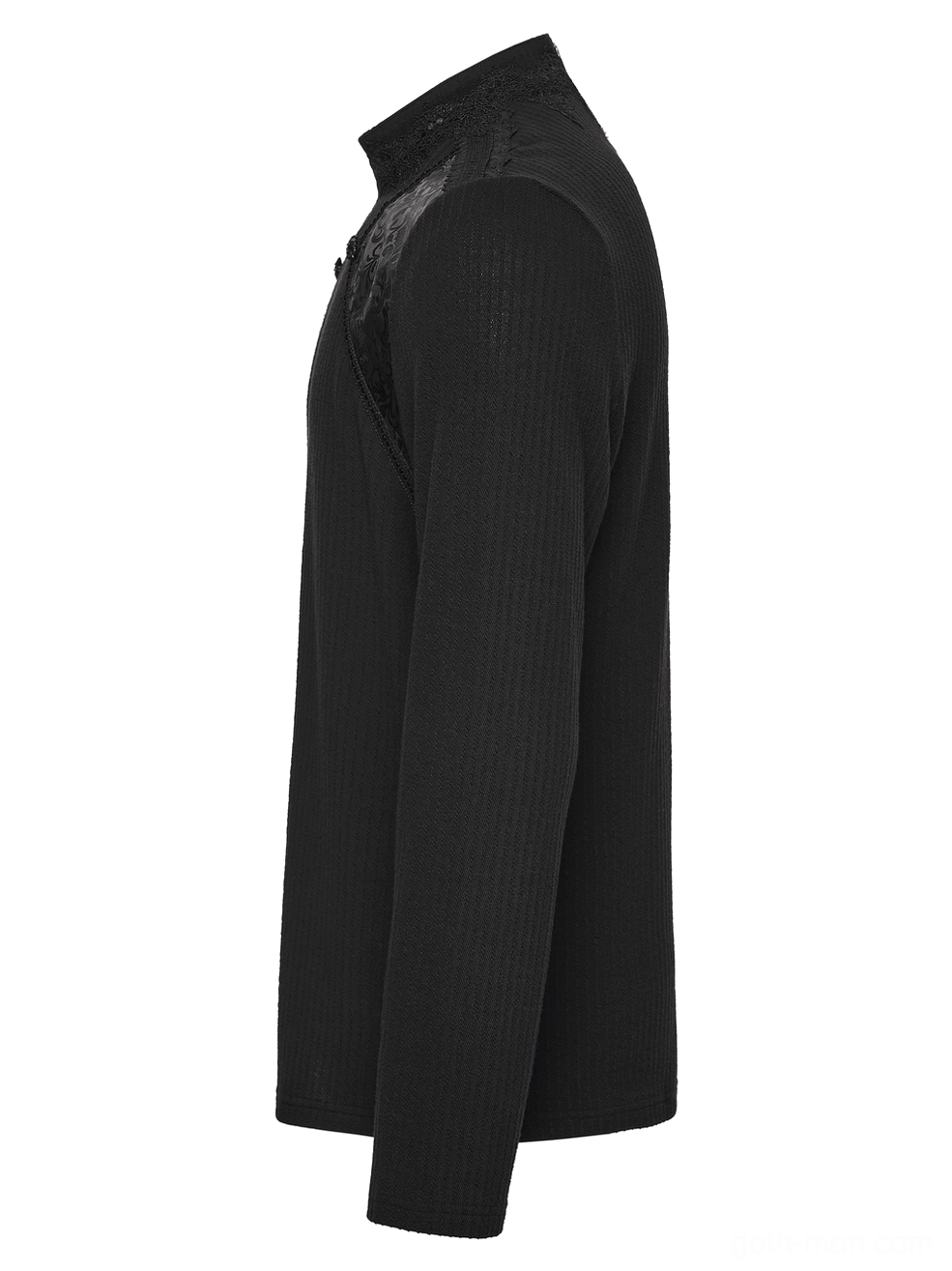 Side view flat lay of black gothic sweatshirt showing slim fit and long sleeve construction