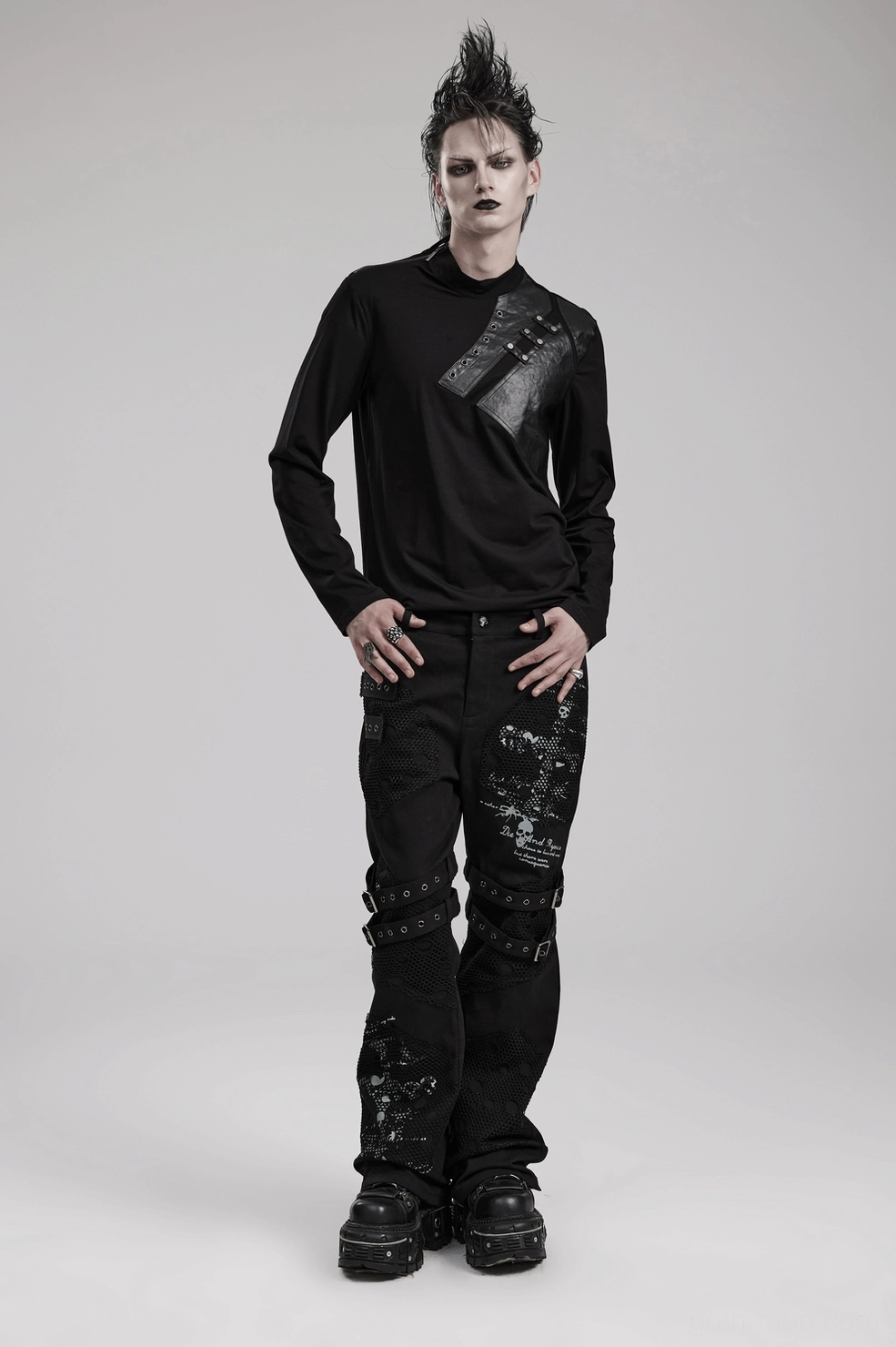 Black gothic metal rivet sweatshirt sleeve detail showing fitted tapered length and cuff finish