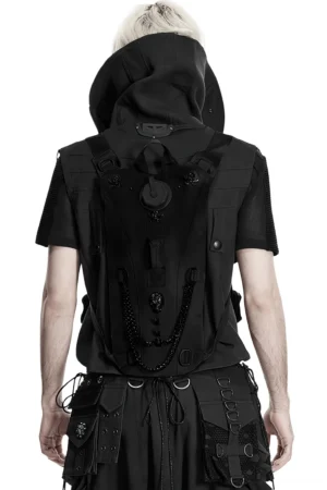 Black gothic tactical backpack with skull studs and hanging metal chains, full back view on male model wearing dark attire